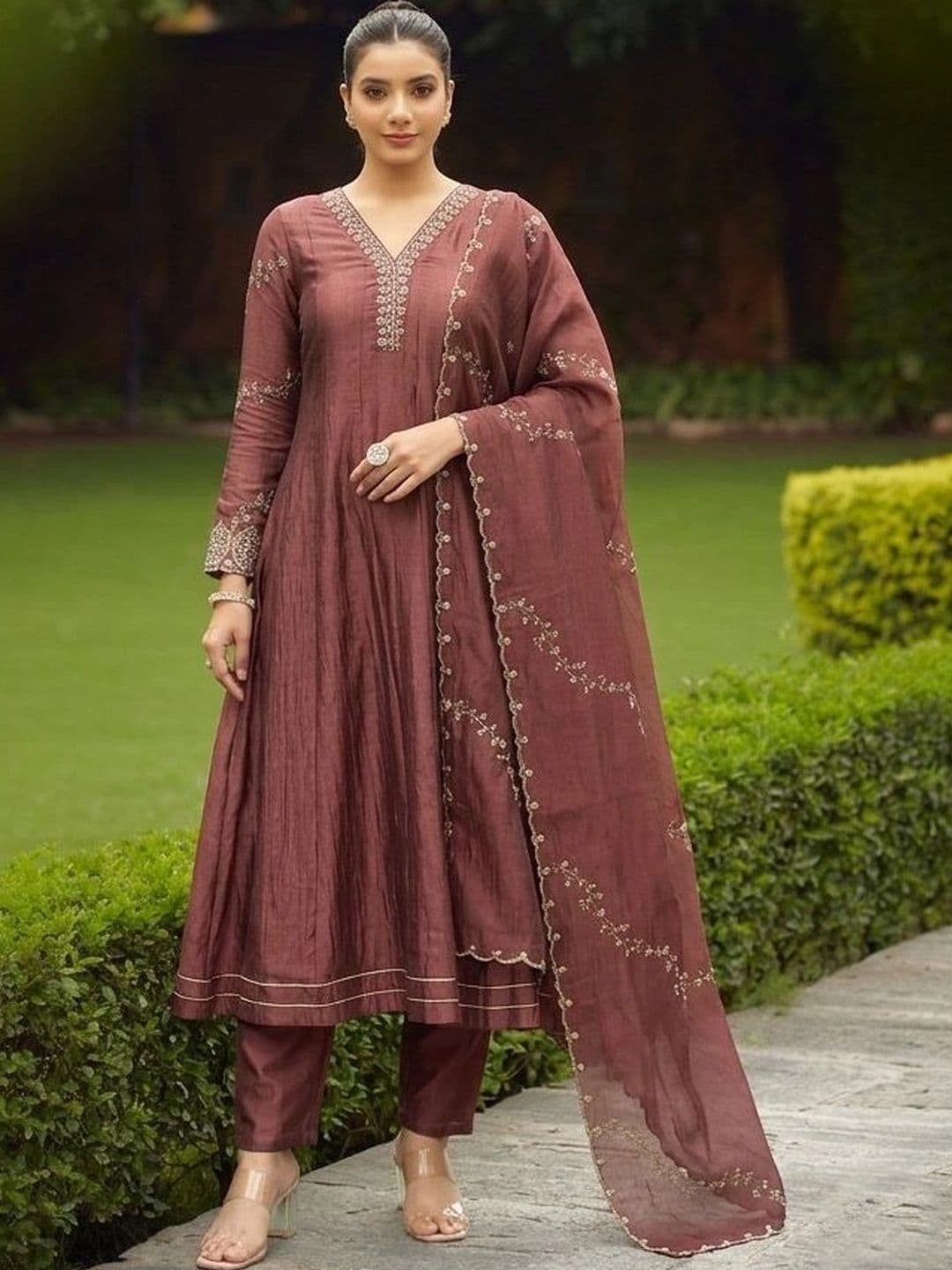 MOKOSH Women Berry Embroidered Anarkali Kurta & Pant With Dupatta - view 1