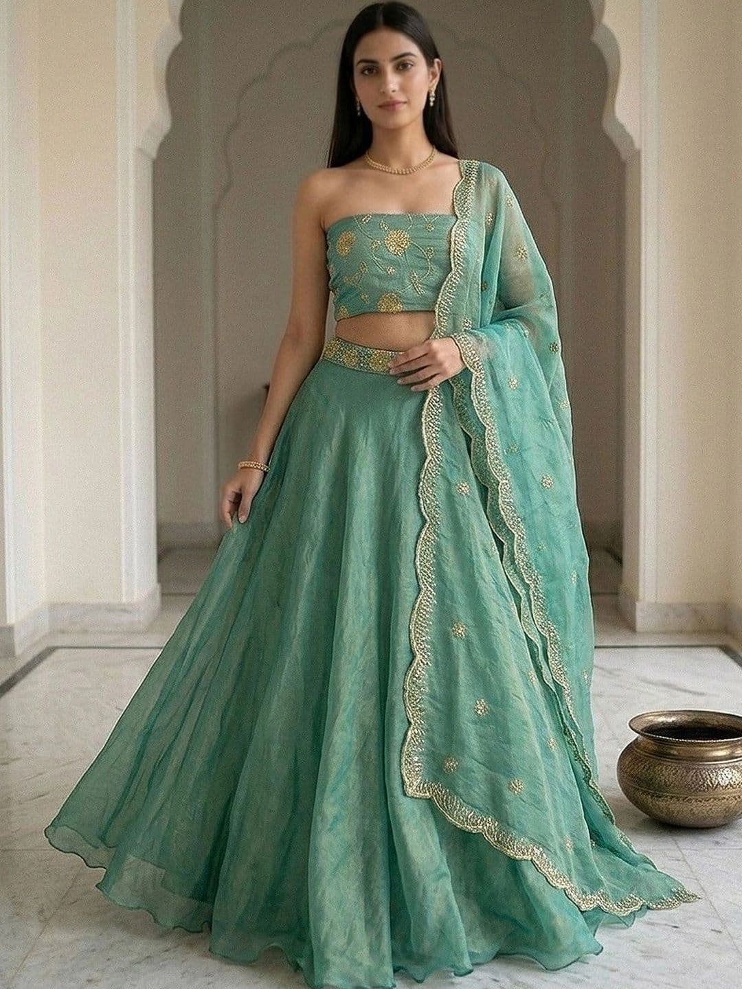 KALINI Embroidered Thread Work Semi-Stitched Lehenga & Unstitched Blouse With Dupatta - view 1