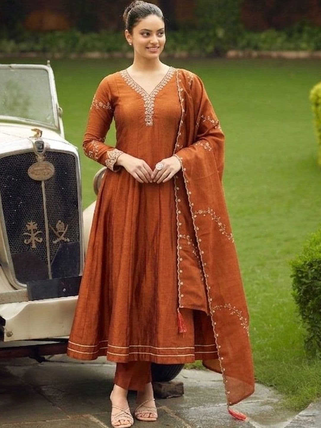 MOKOSH Women Rust Embroidered Anarkali Kurta & Pant With Dupatta - view 1