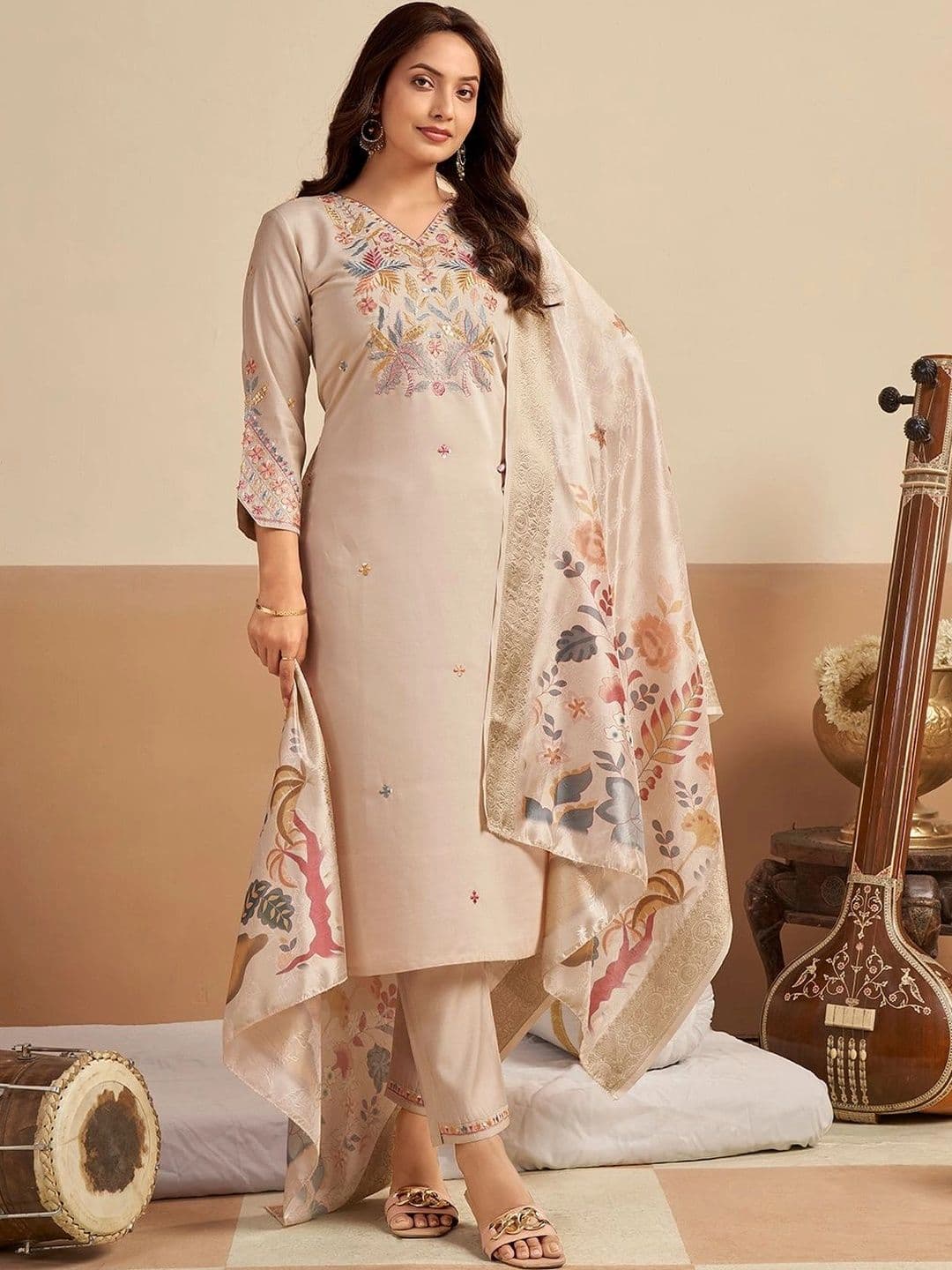 PAUSE Floral Embroidered Sequinned Pure Silk Kurta with Trousers & Dupatta - view 1