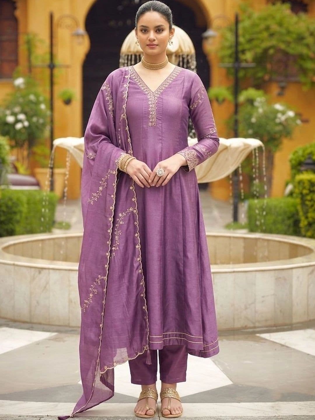 MOKOSH Women Dark Lavender Embroidered Anarkali Kurta & Pant With Dupatta - view 1