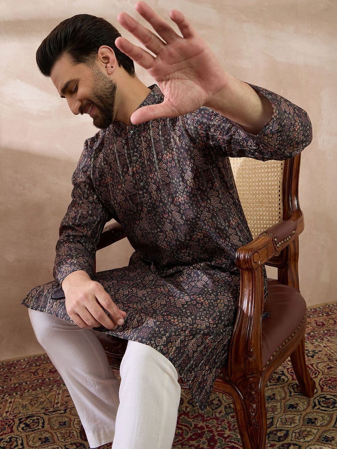 House of Pataudi Printed Silk Mandarin Collar Calf Length Straight Kurta - view 1
