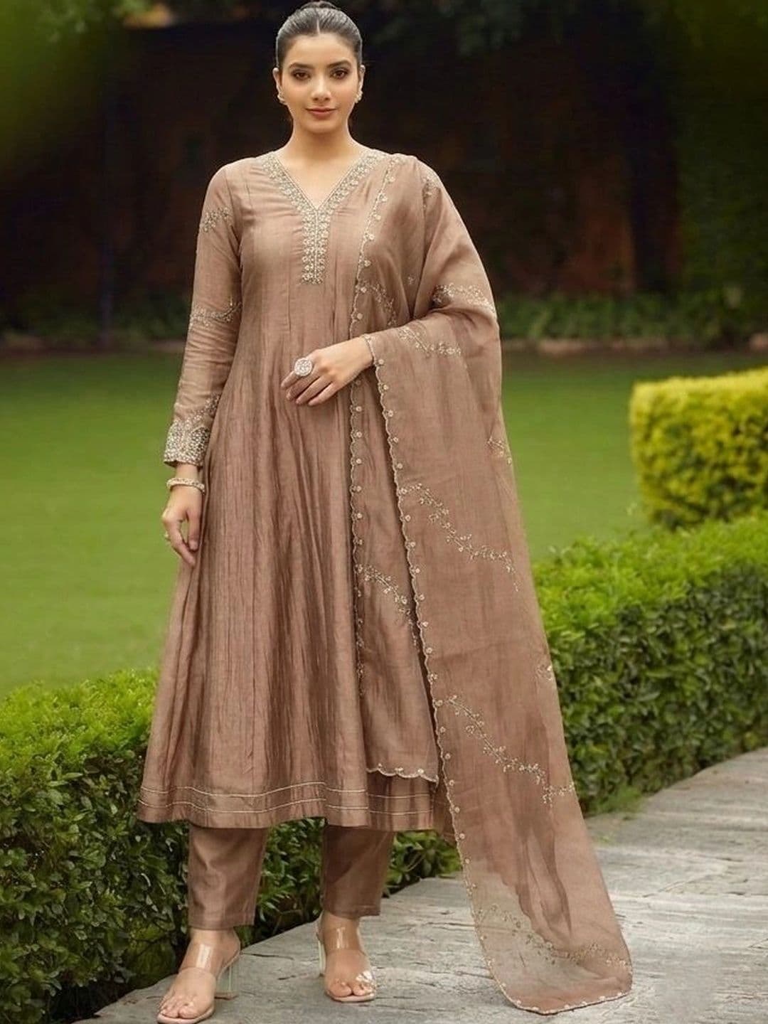 MOKOSH Women Beige Embroidered Anarkali Kurta & Pant With Dupatta - view 1
