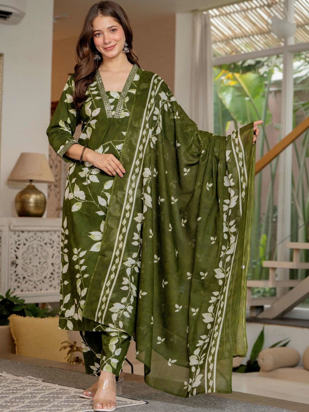 PARTHVI Women Printed Regular Thread Work Pure Cotton Kurta with Trousers & With Dupatta - view 1