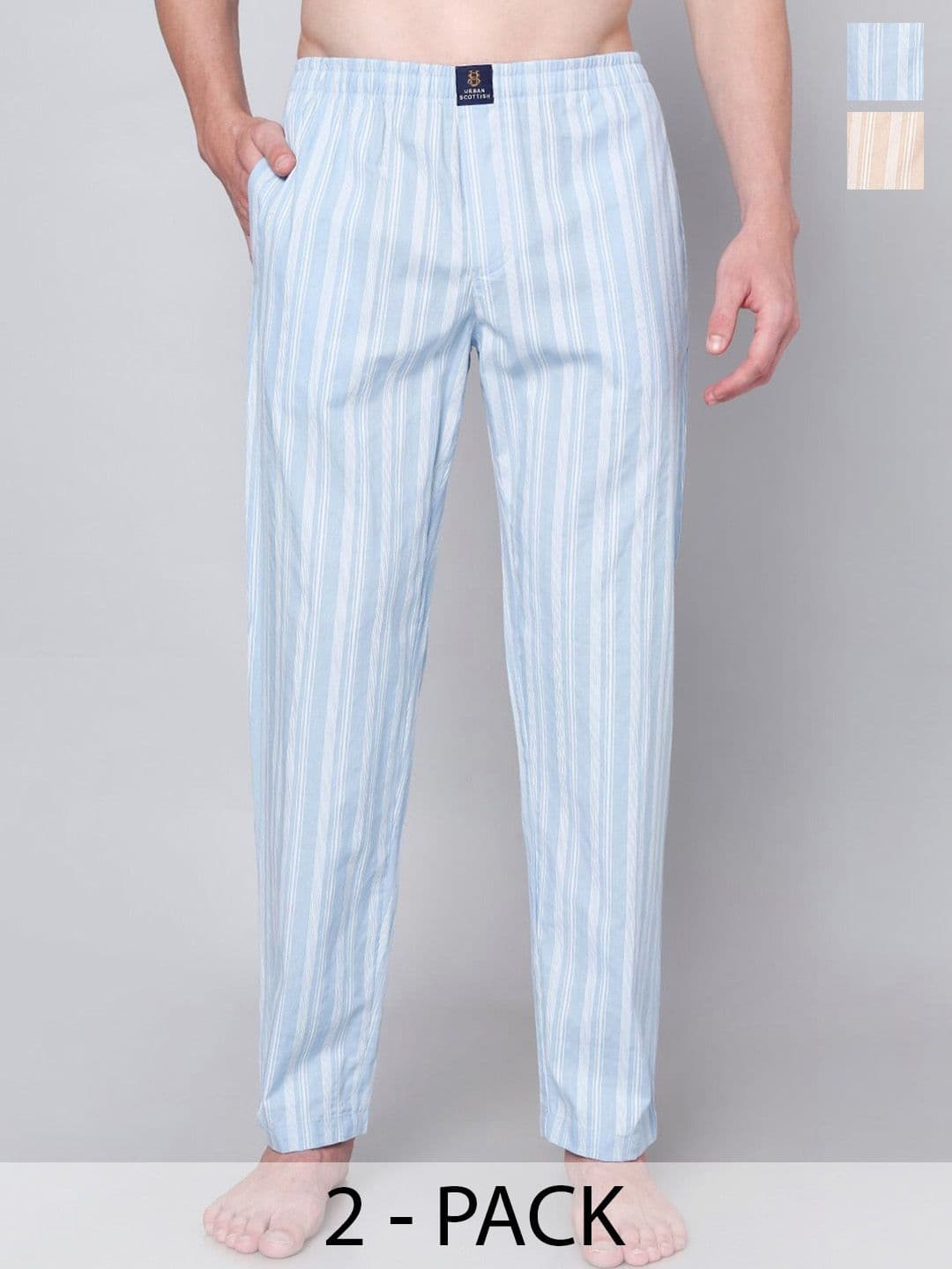 URBAN SCOTTISH Pack Of 2 Striped Mid-Rise Straight Lounge Pants - view 1