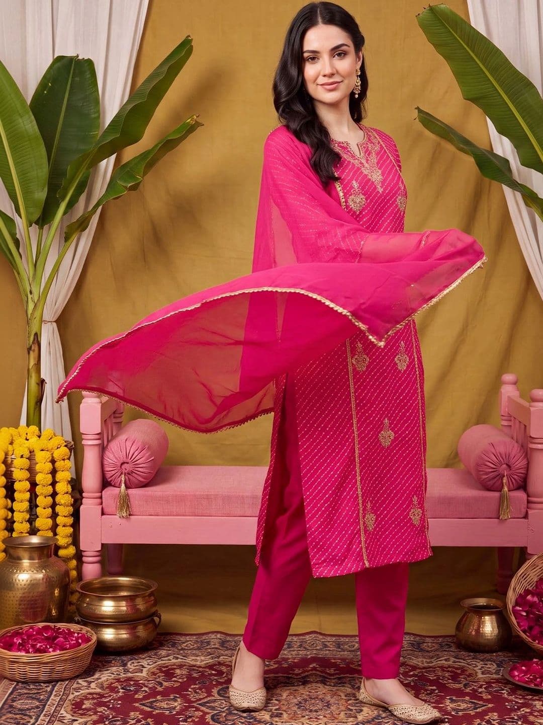 Indo Era Women Leheriya Printed Regular Kurta with Trousers & With Dupatta - view 1
