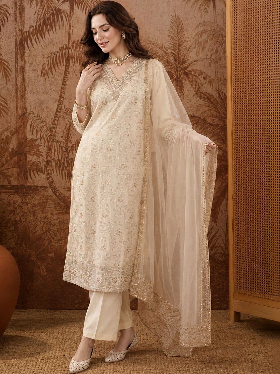 Sangria Women Ethnic Motifs Embroidered Regular Sequinned Kurta with Trousers & With Dupatta - view 1