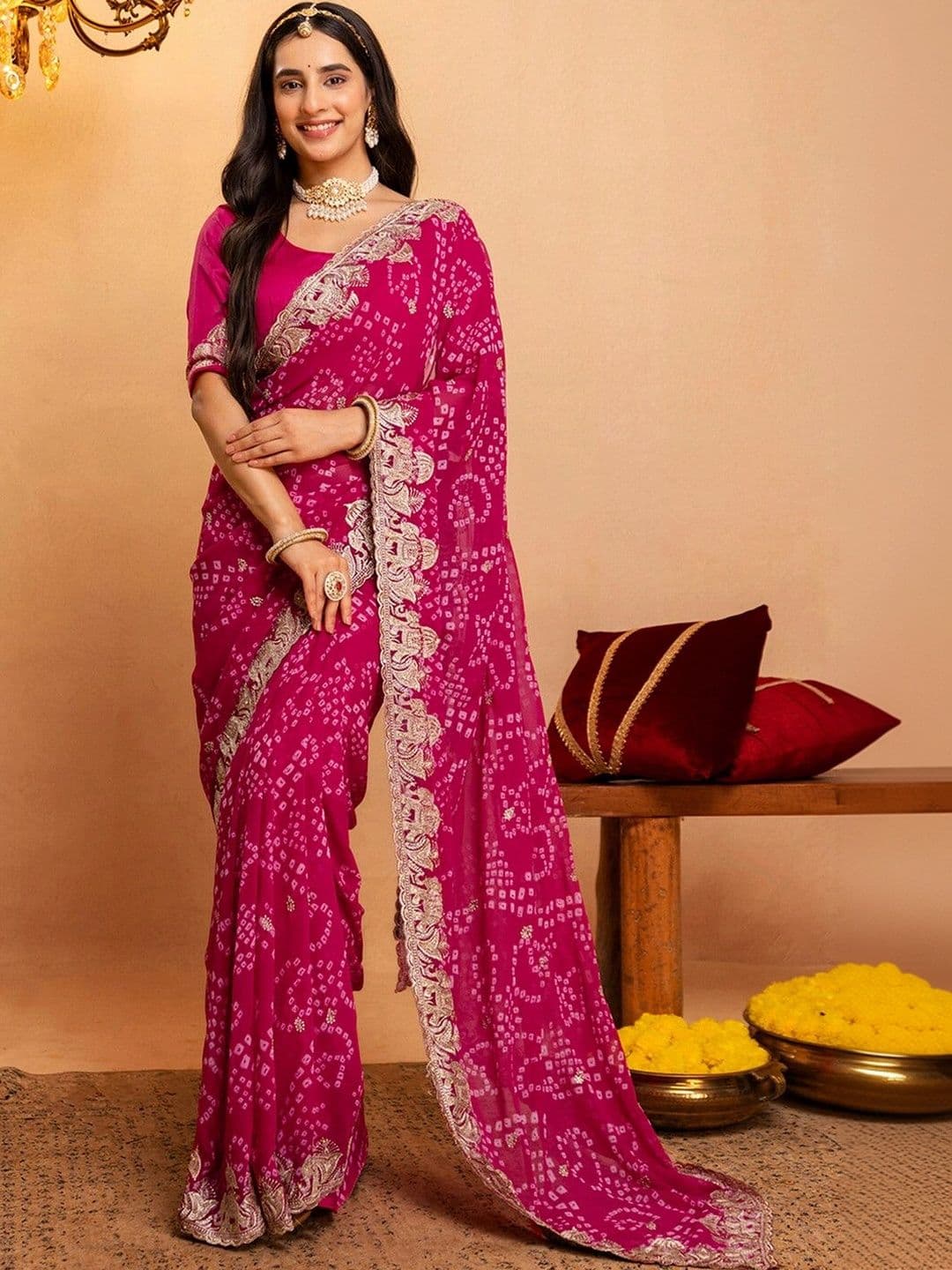 Satrani Bandhani Zari Pure Georgette Saree - view 1