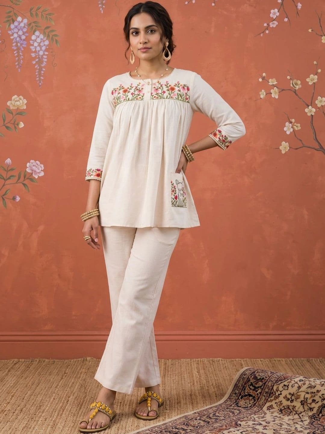 Sangria Floral Cotton Embroidered Top with Trousers - view 1