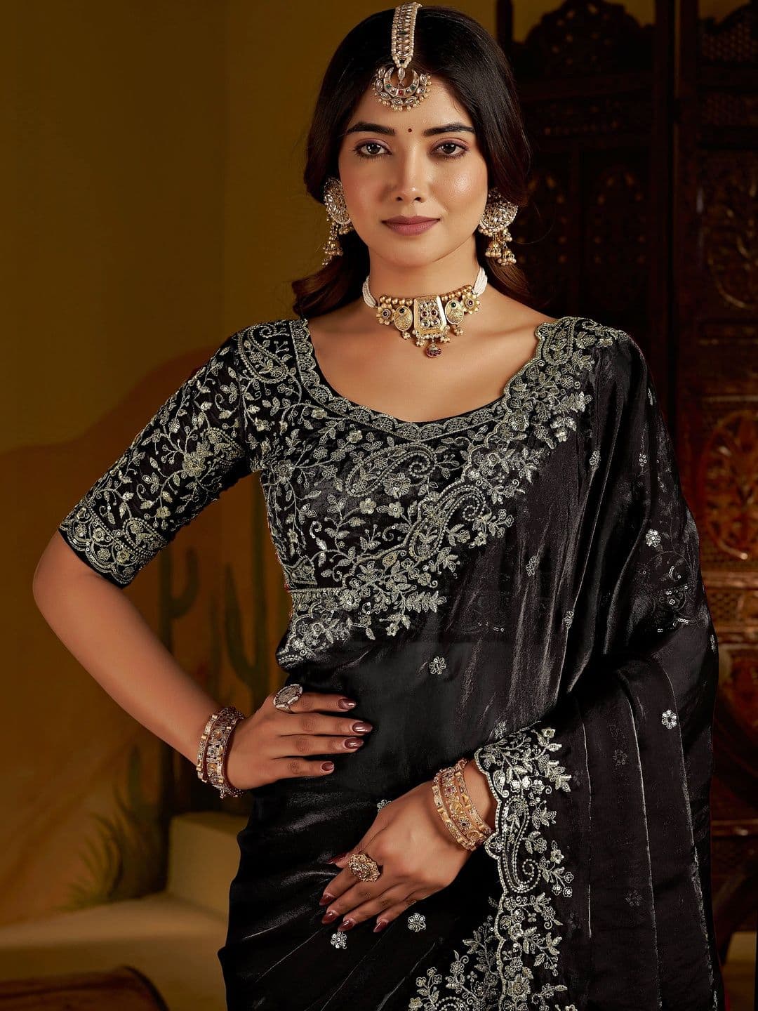 GRUHNAREE Floral Embroidered Satin Saree - view 1