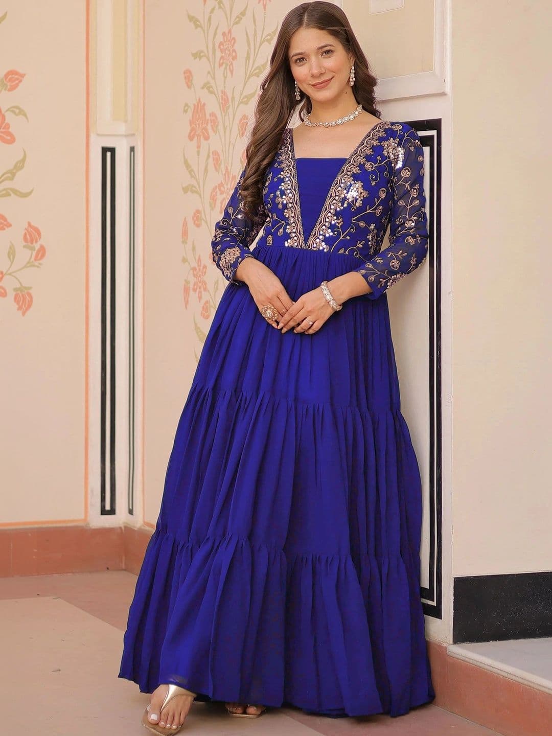 NAVYAAZRI Embroidered Georgette V-Neck Maxi Ethnic Dress - view 1