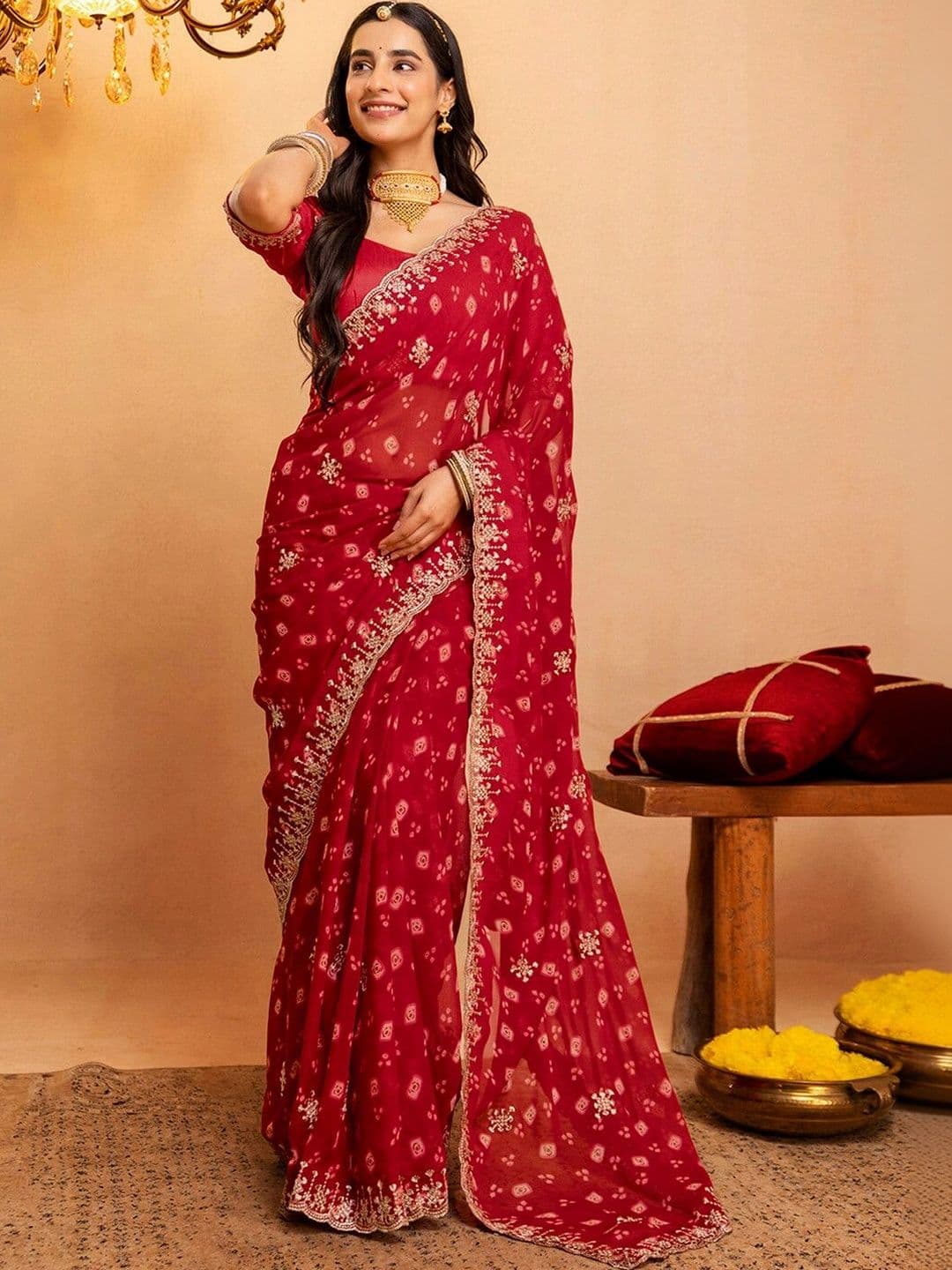 Satrani Bandhani Embroidered Pure Georgette Saree - view 1