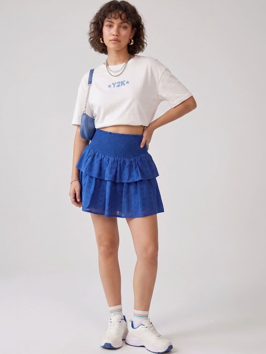 ZESTX Women Cotton Schiffli Self Design Tiered Mini Flared Skirt - view 1