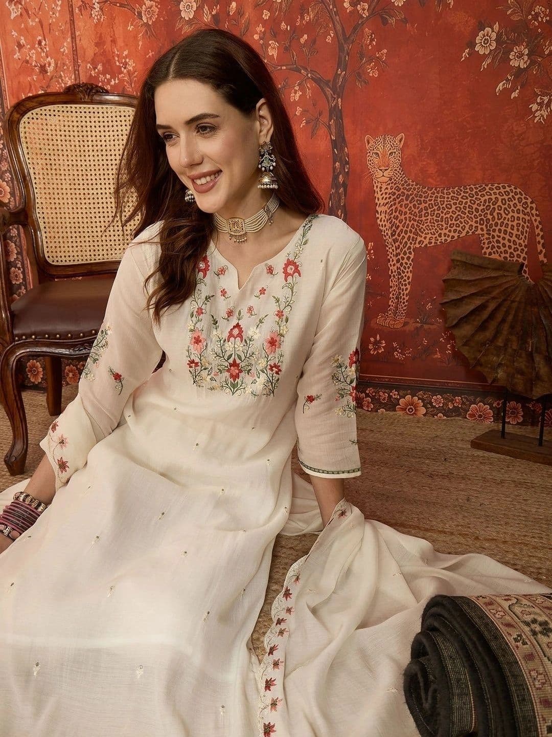 Sangria Women Floral Embroidered Regular Thread Work Kurta with Trousers & With Dupatta - view 1