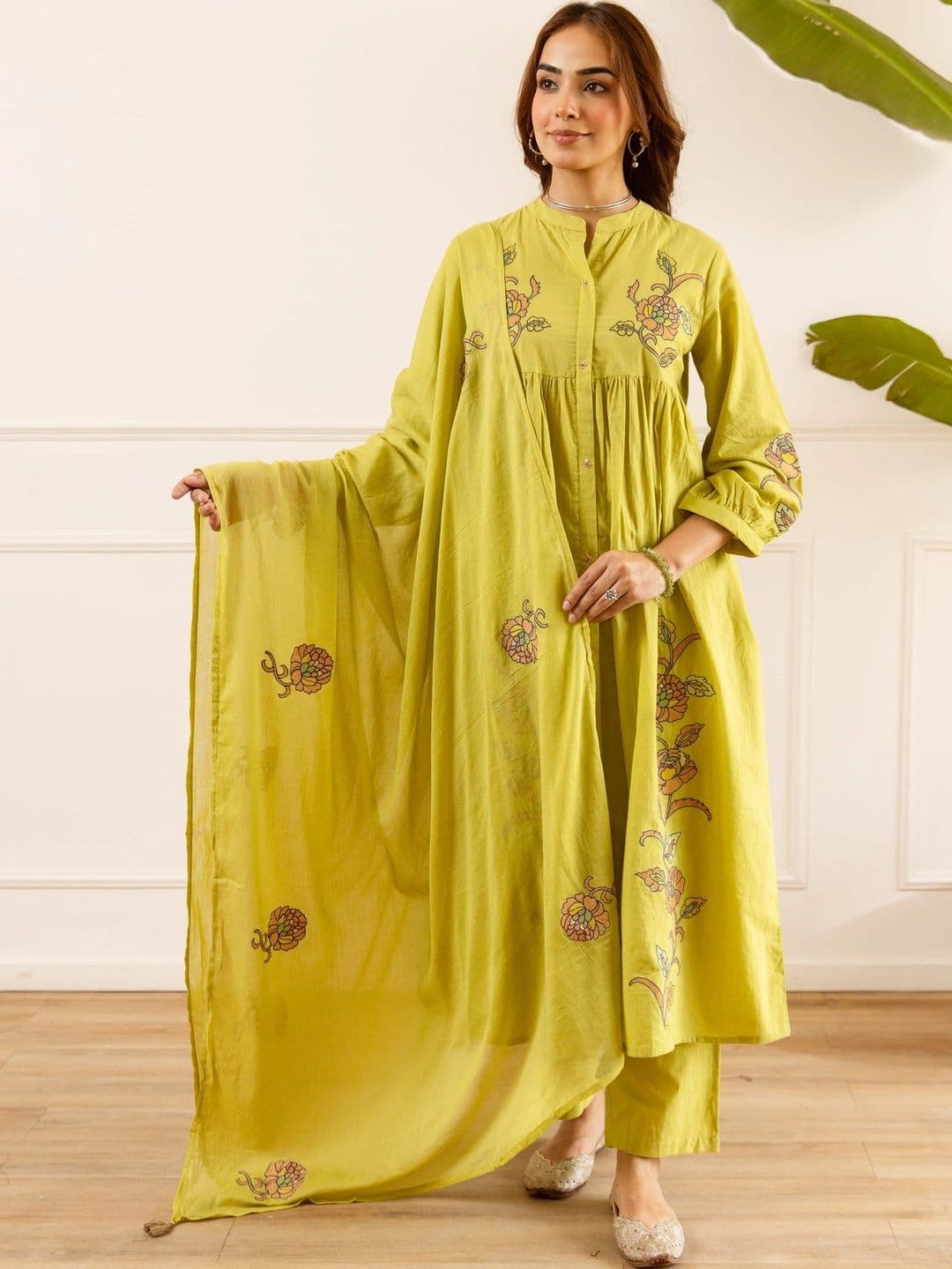 Nehamta Women Embroidered Regular Thread Work Pure Cotton Kurta with Trousers & With Dupatta - view 1