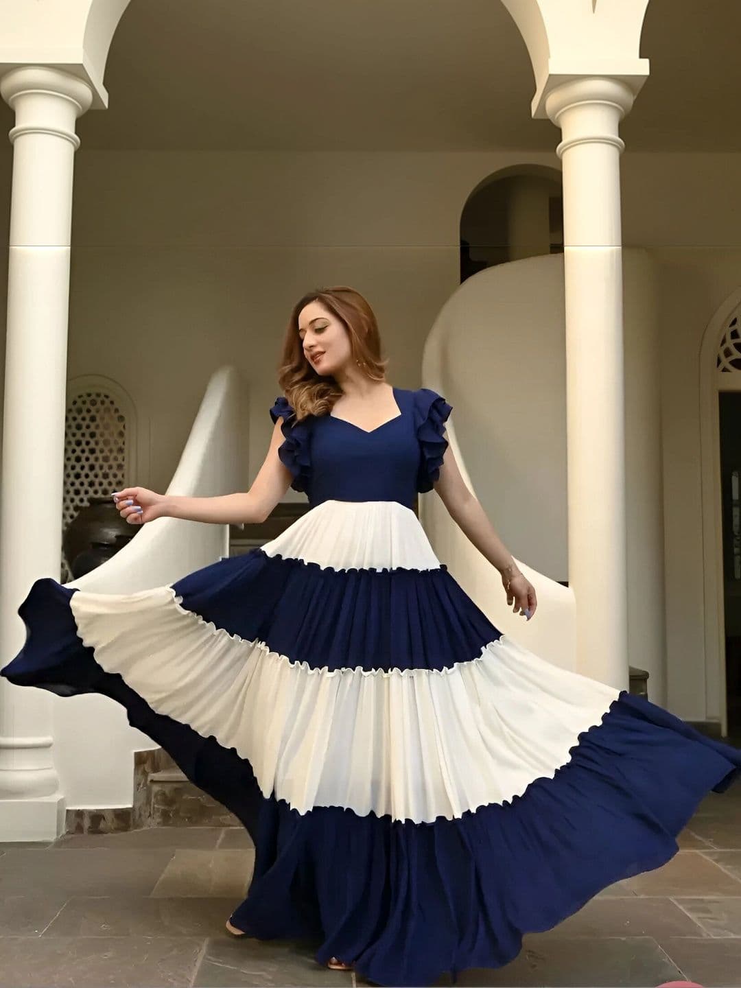 NAVYAAZRI Colourblocked V-Neck A-Line Ethnic Dresses - view 1