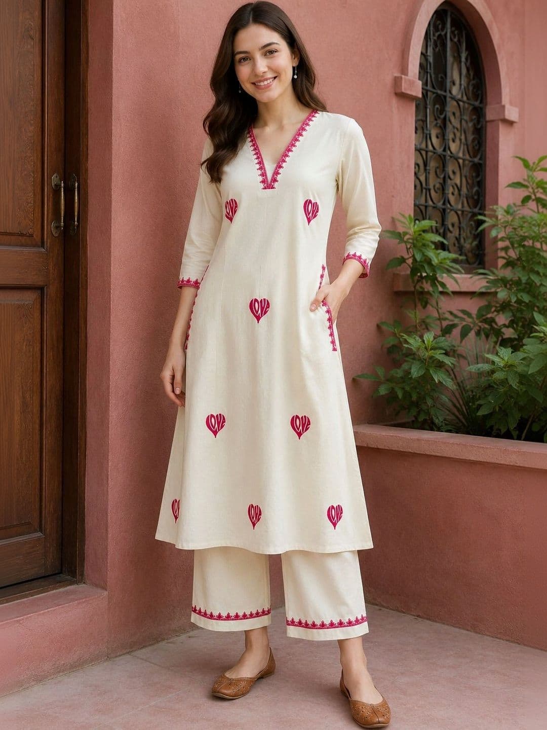 NEW ETHNIC 4 YOU Women Ethnic Motifs Embroidered Regular Pure Cotton Kurti with Palazzos - view 1
