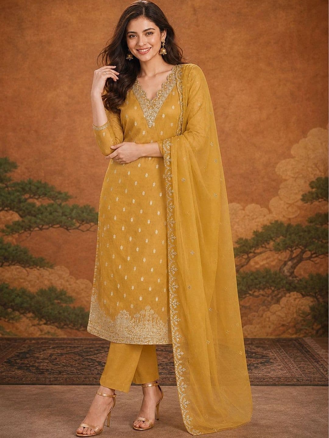 Sangria Women Ethnic Motifs Embroidered Regular Kurta with Trousers & With Dupatta - view 1