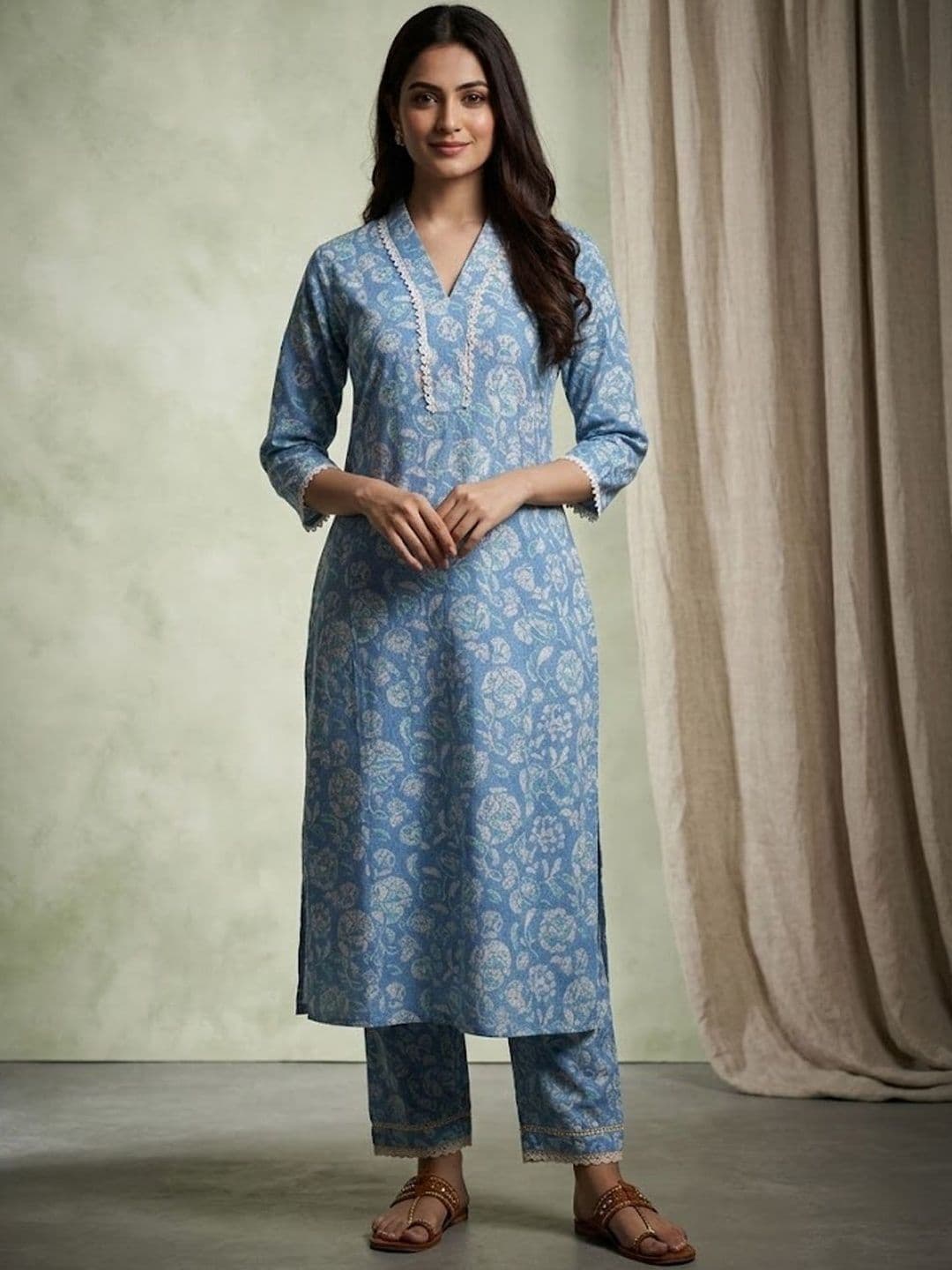 Sangria Printed Cotton V-Neck Calf Length Straight Kurta - view 1