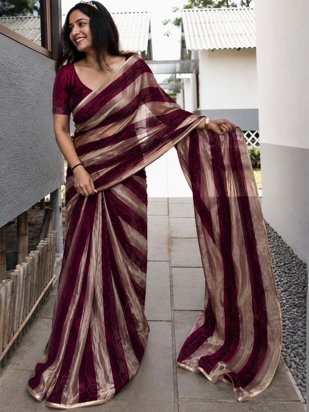 Lapetiya Clothing Leheriya Beads and Stones Tissue Designer Saree - view 1