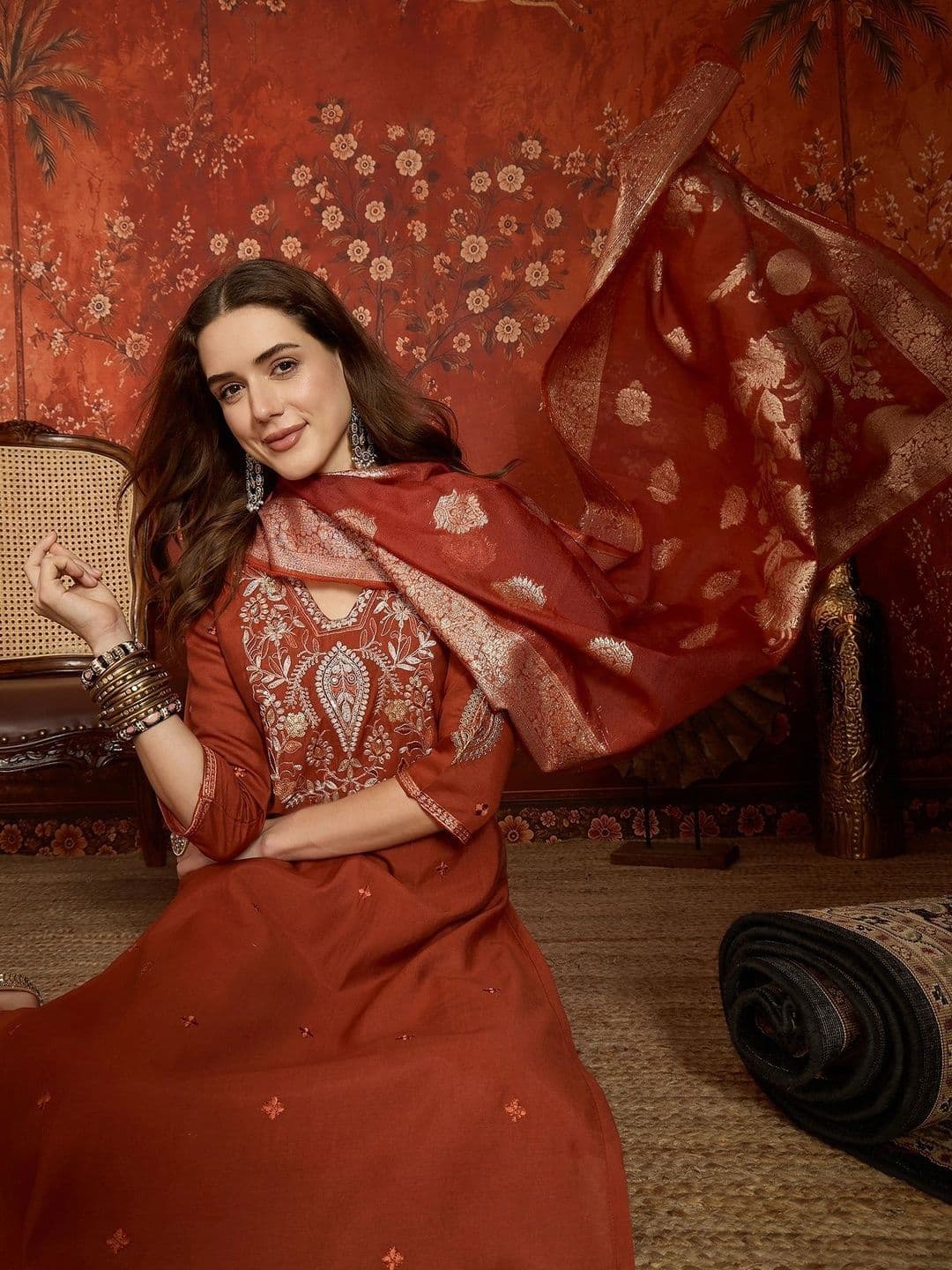 Sangria Women Ethnic Motifs Embroidered Regular Thread Work Kurta with Trousers & With Dupatta - view 1