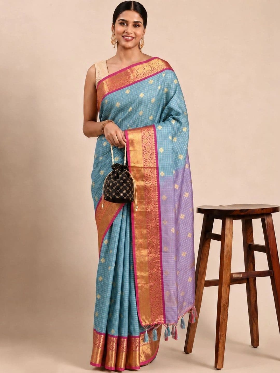 yourwish Checked Woven Design Zari Banarasi Saree - view 1