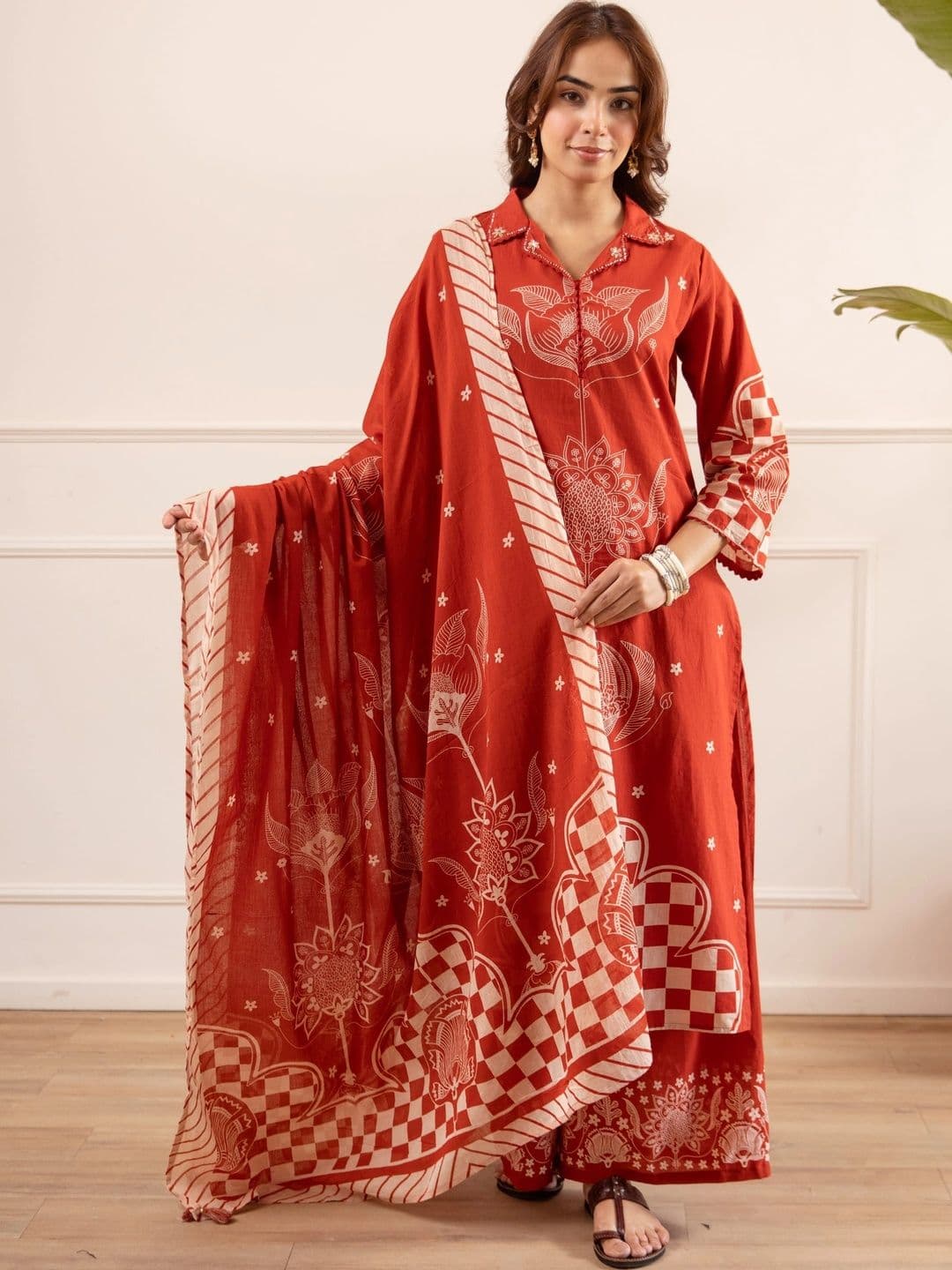 Sangria Women Ethnic Motifs Printed Regular Pure Cotton Kurta with Palazzos & With Dupatta - view 1