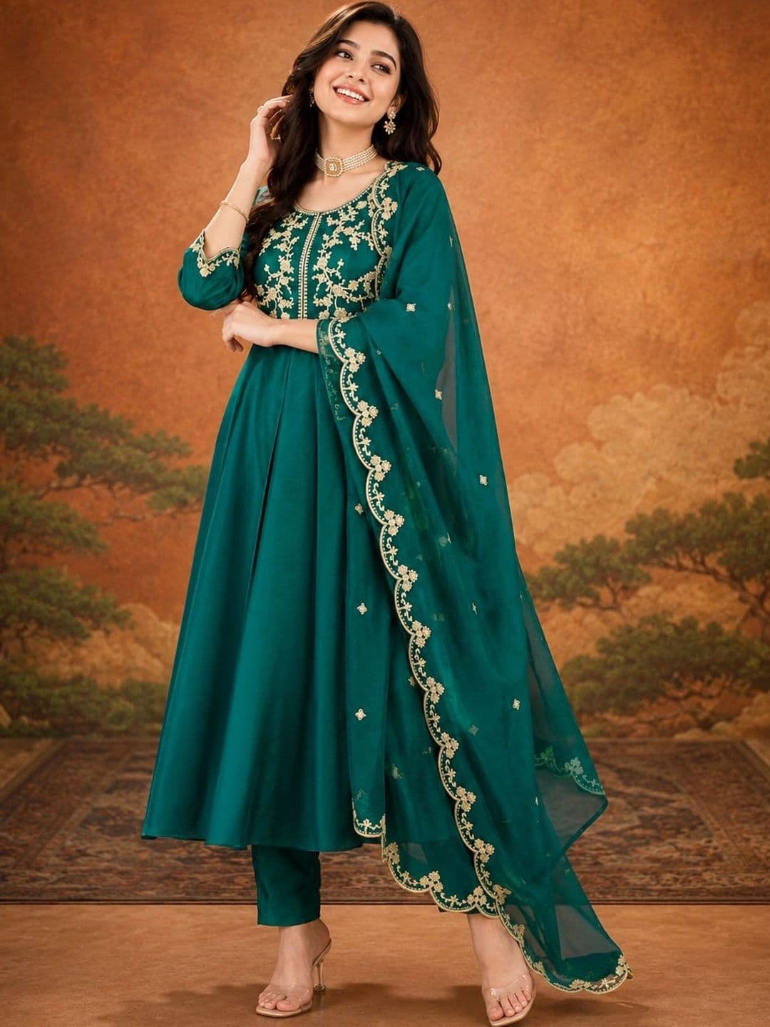 Sangria Women Ethnic Motifs Embroidered Regular Thread Work Kurta with Trousers & With Dupatta - view 1