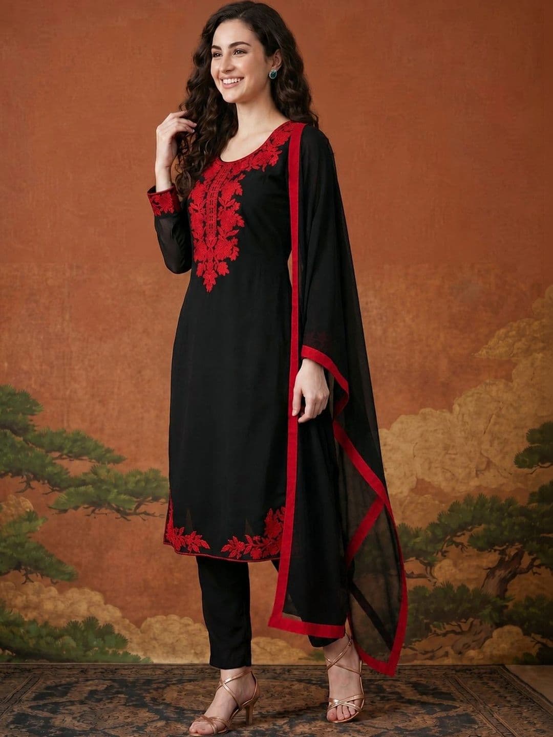 Sangria Women Ethnic Motifs Embroidered Regular Thread Work Kurta with Trousers & With Dupatta - view 1