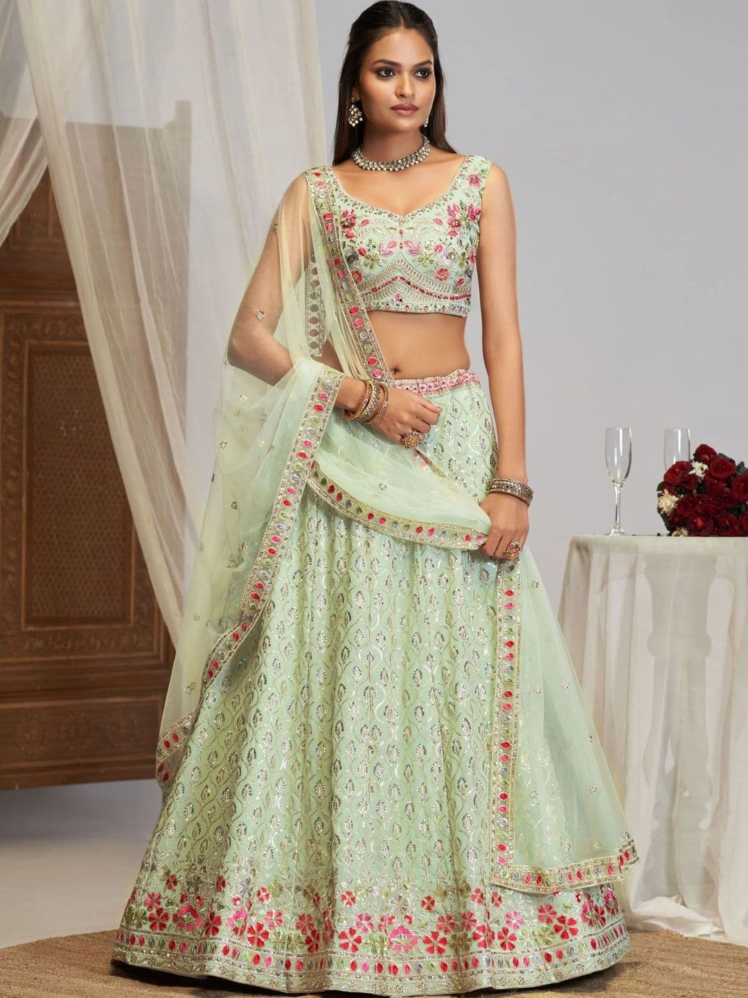 House of Pataudi Embroidered Thread Work Semi-Stitched Lehenga & Unstitched Blouse With Dupatta - view 1