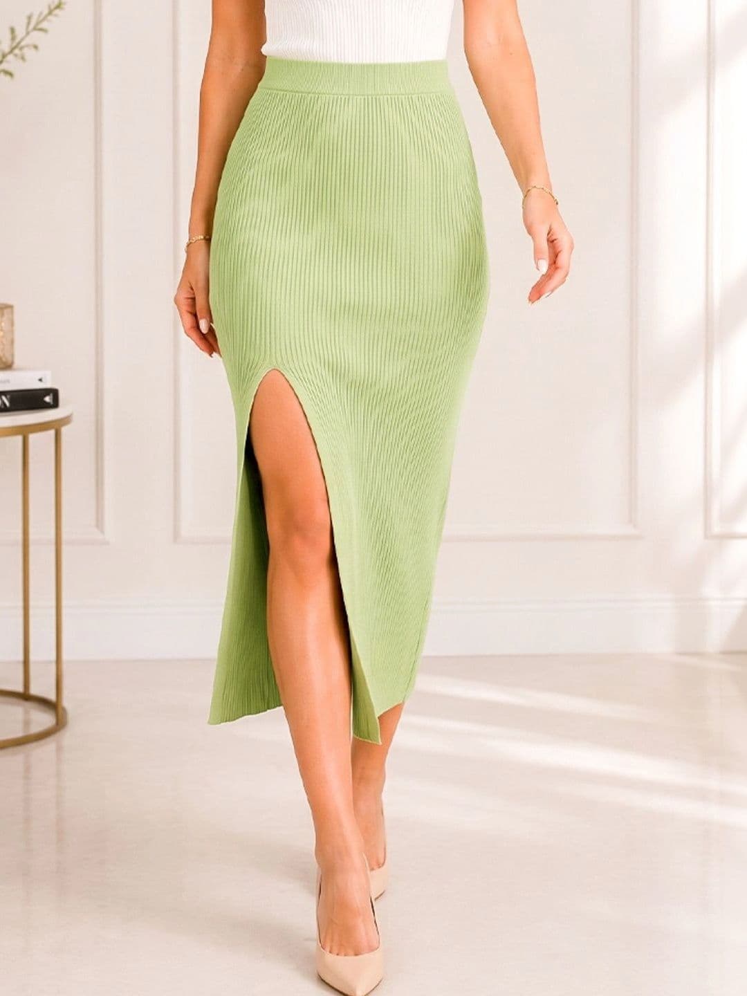 Sizi Women Knits Front Slit Midi Straight Skirt - view 1