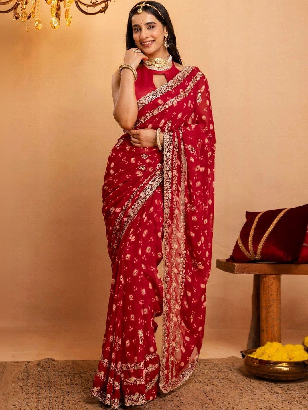 Satrani Bandhani Embroidered Pure Georgette Saree - view 1