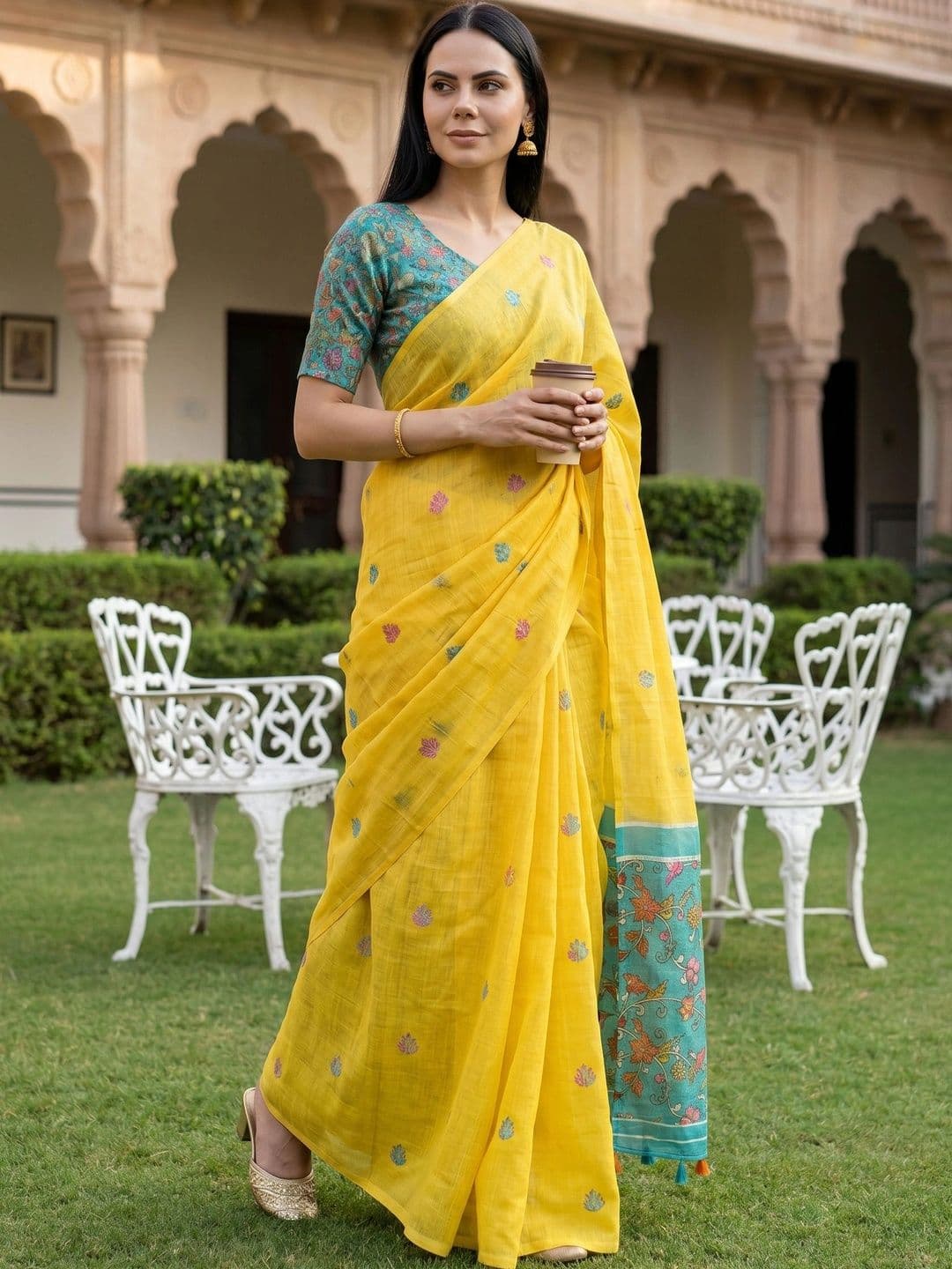 KRISHNA KURTIES Floral Embroidered Pure Linen Khadi Saree - view 1