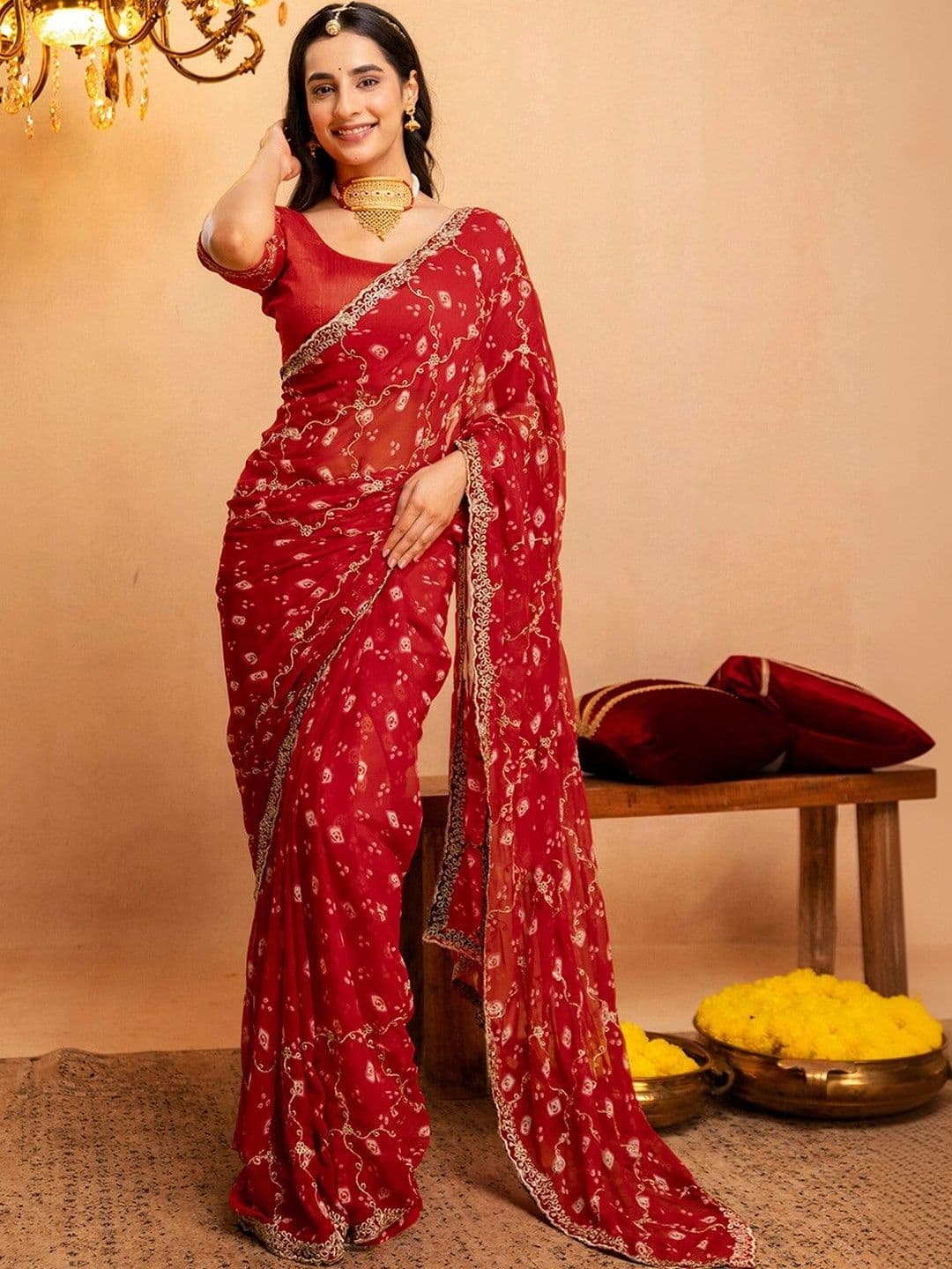 Satrani Women Bandhani Embroidered Pure Georgette Saree - view 1