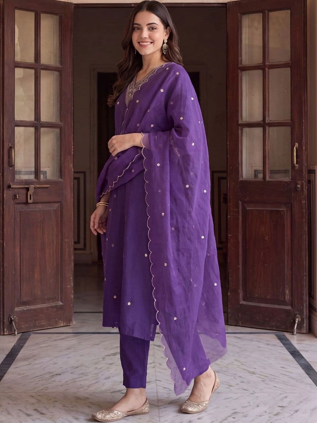 Indo Era Women Ethnic Motifs Embroidered Regular Thread Work Kurta with Trousers & With Dupatta - view 1