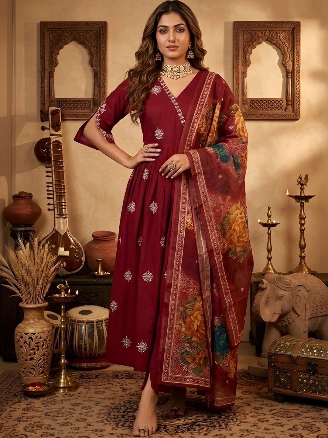 VS MALL Women Floral Embroidered Angrakha Thread Work Pure Cotton Kurta with Trousers & With Dupatta - view 1
