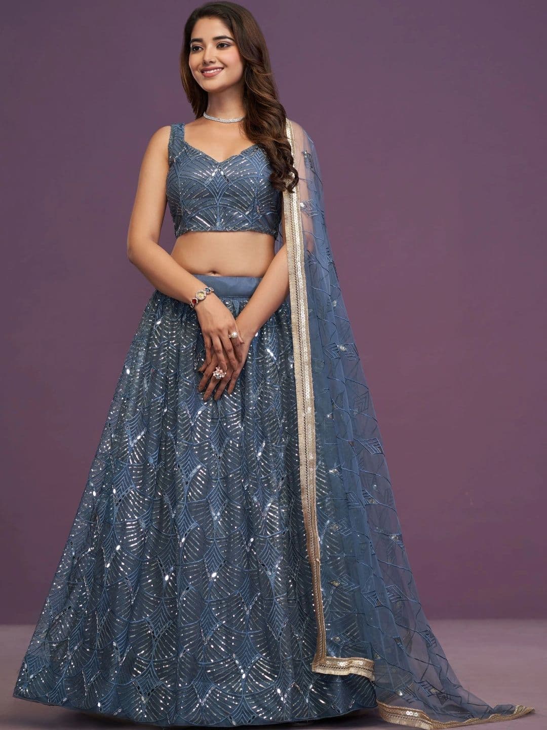 House of Pataudi Embellished Sequinned Semi-Stitched Lehenga & Unstitched Blouse With Dupatta - view 1