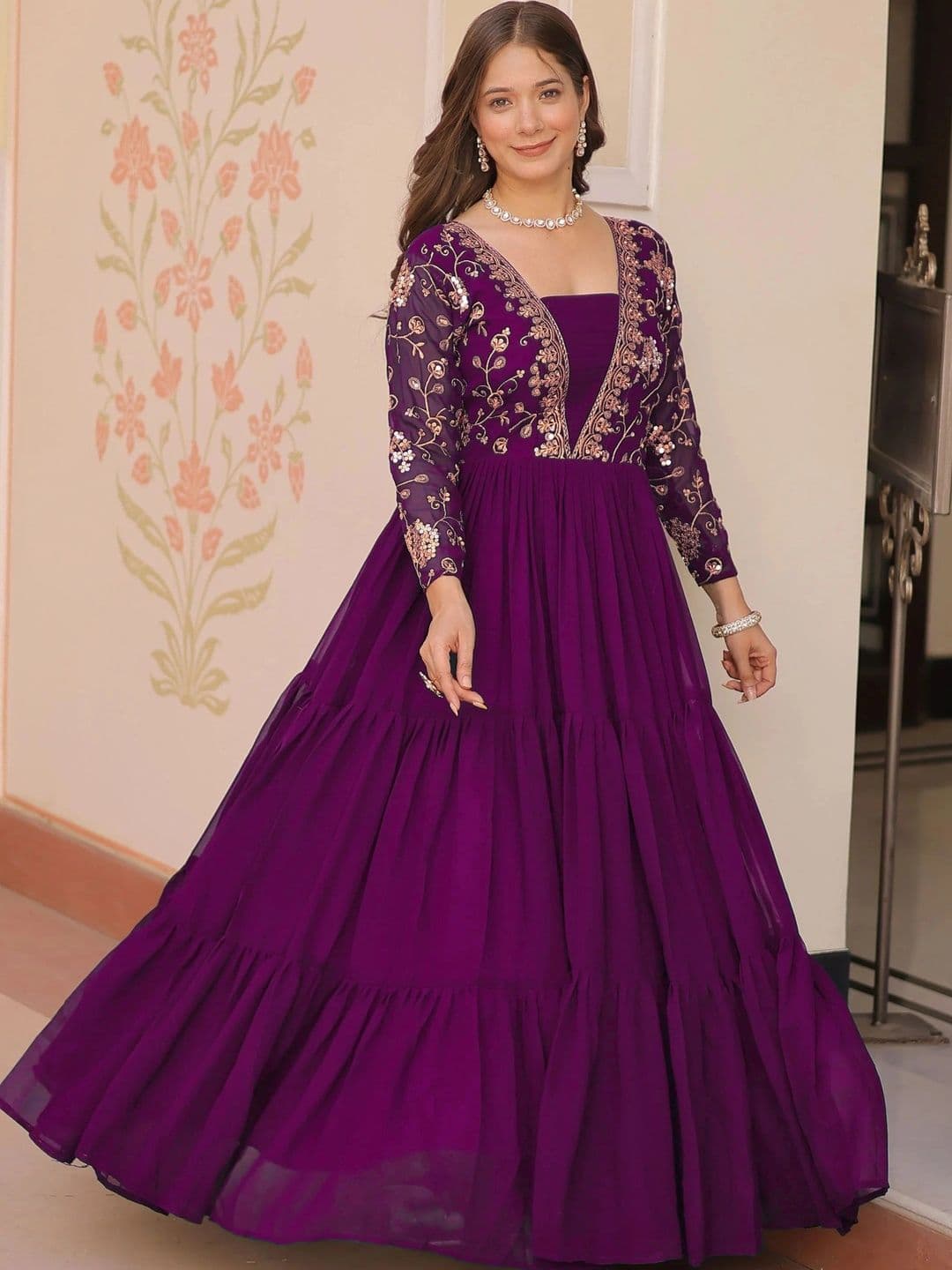 KALINI Embellished Embroidered Georgette V-Neck Maxi Ethnic Dress - view 1