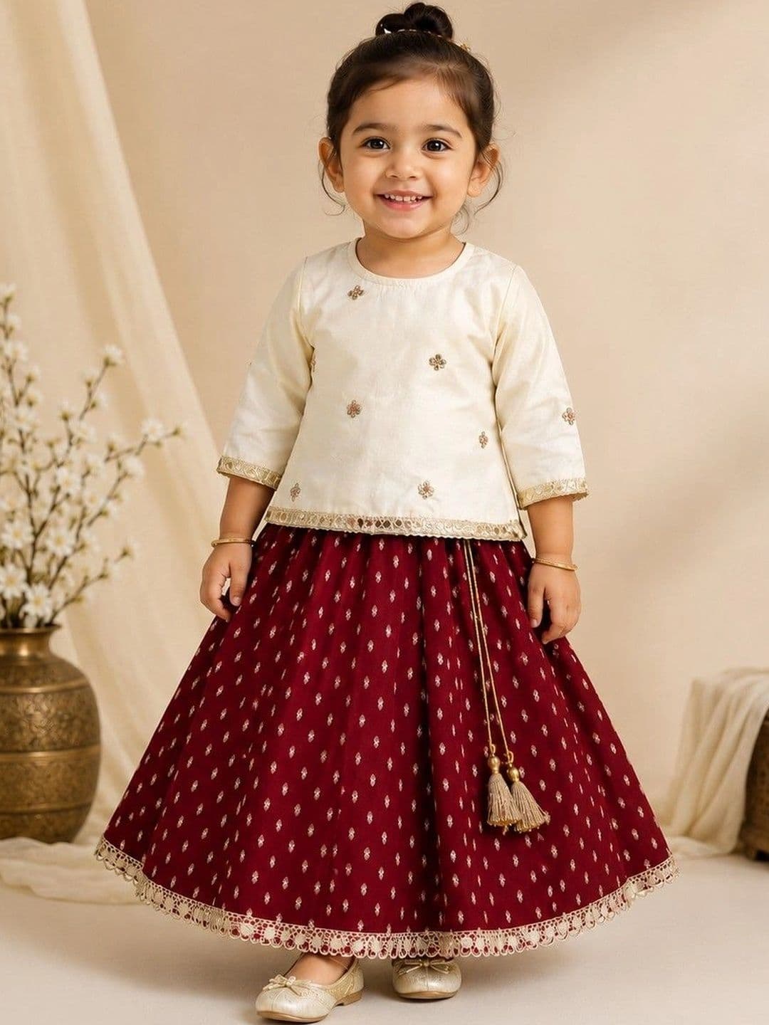 BAATCHEET Girls Embroidered Mirror Work Ready to Wear Lehenga & - view 1