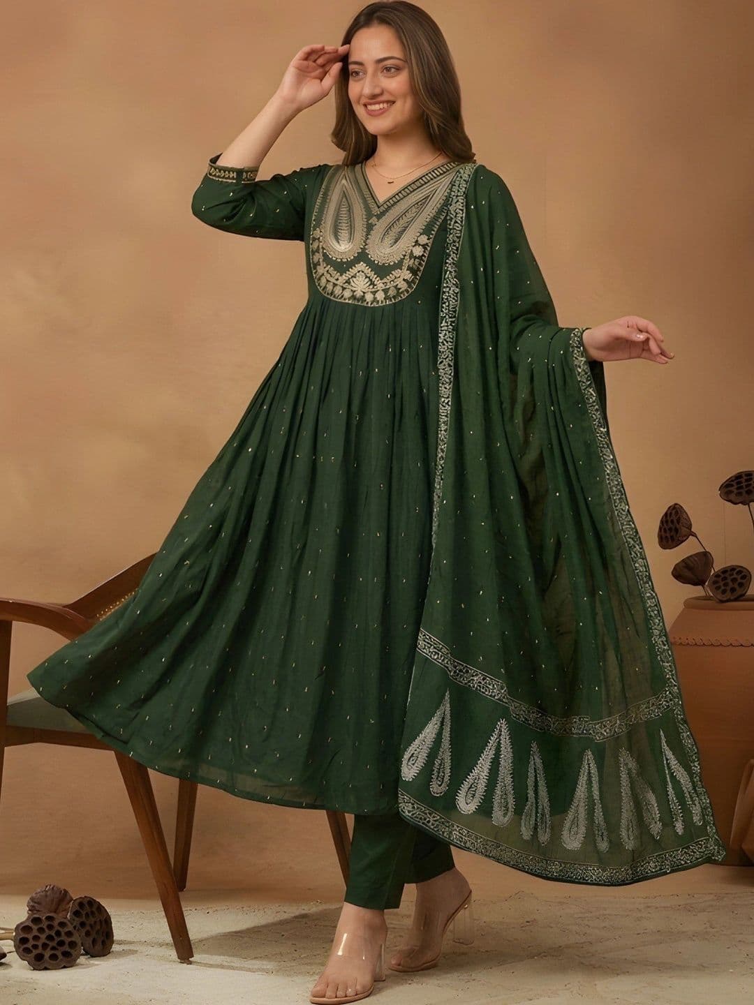 VS MALL Women Ethnic Motifs Embroidered Empire Sequinned Pure Cotton Kurta with Trousers & With Dupatta - view 1