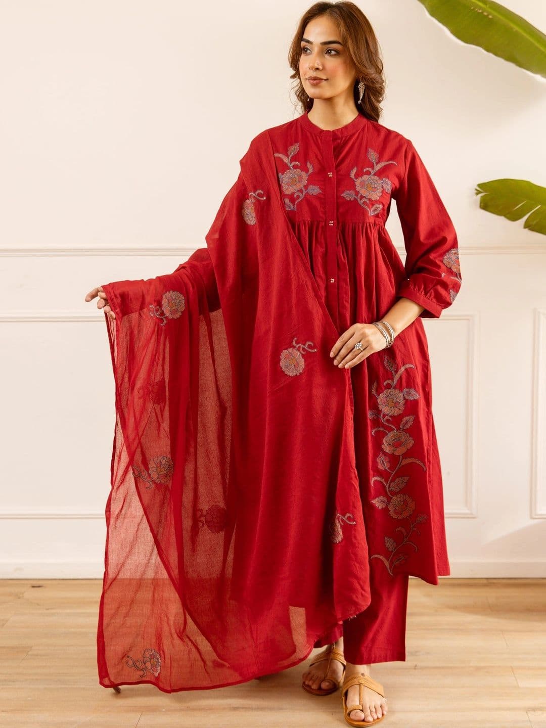 KALINI Women Floral Embroidered Empire Thread Work Pure Cotton Kurta with Trousers & With Dupatta - view 1