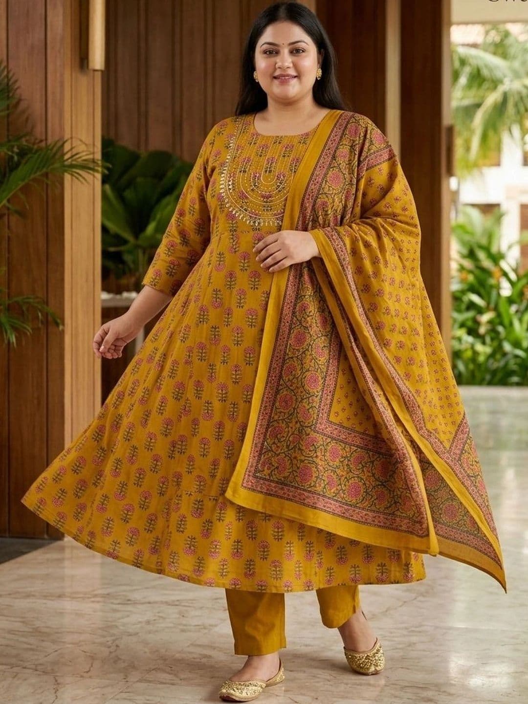 Swasti Women Floral Printed Regular Thread Work Pure Cotton Kurta with Trousers & With Dupatta - view 1