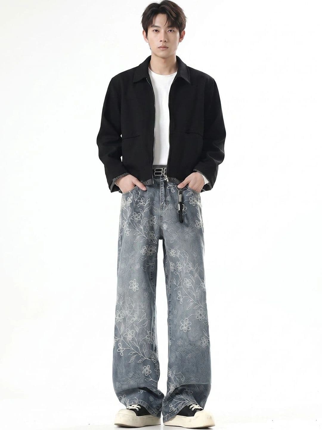 StyleCast x Revolte Men Wide Leg Mid-Rise Light Fade Embroidered Jeans - view 1