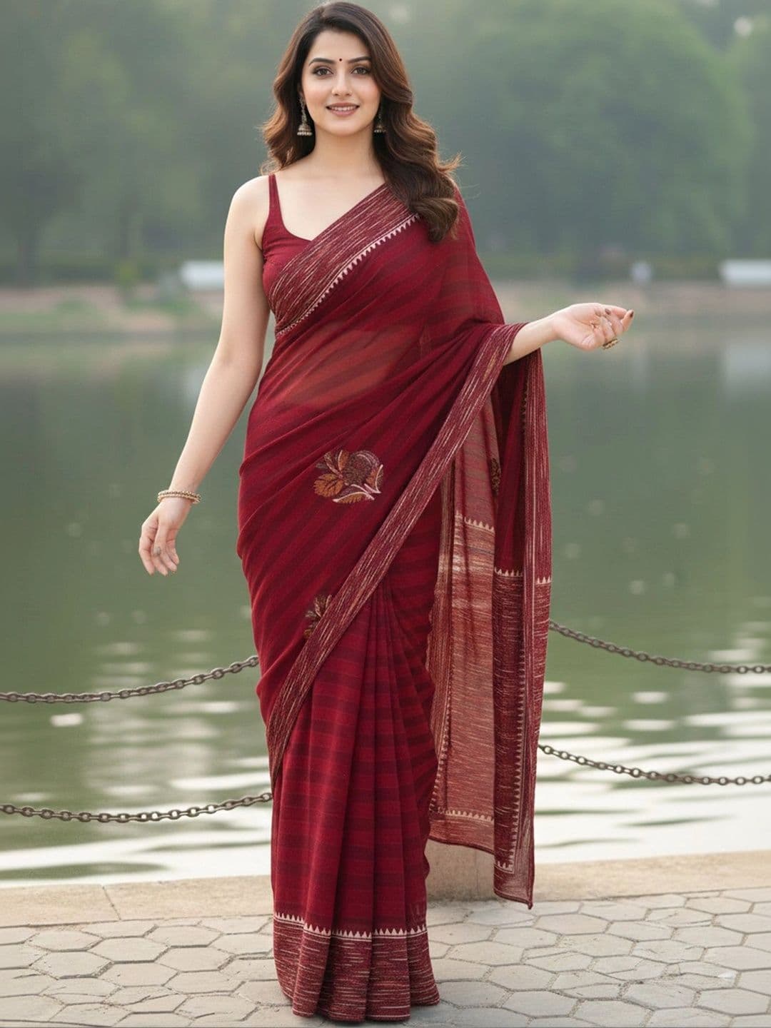 karnav fashion Striped Embroidered Poly Chiffon Designer Saree - view 1