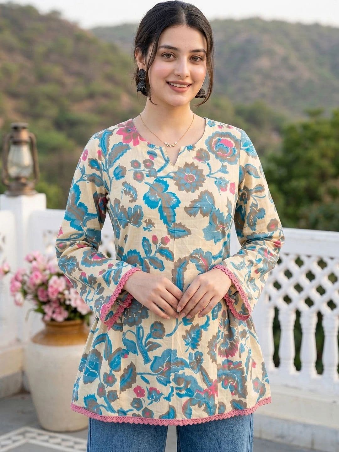 KALINI Floral Printed V-Neck Flared Sleeves Pure Cotton Blend Kurti - view 1