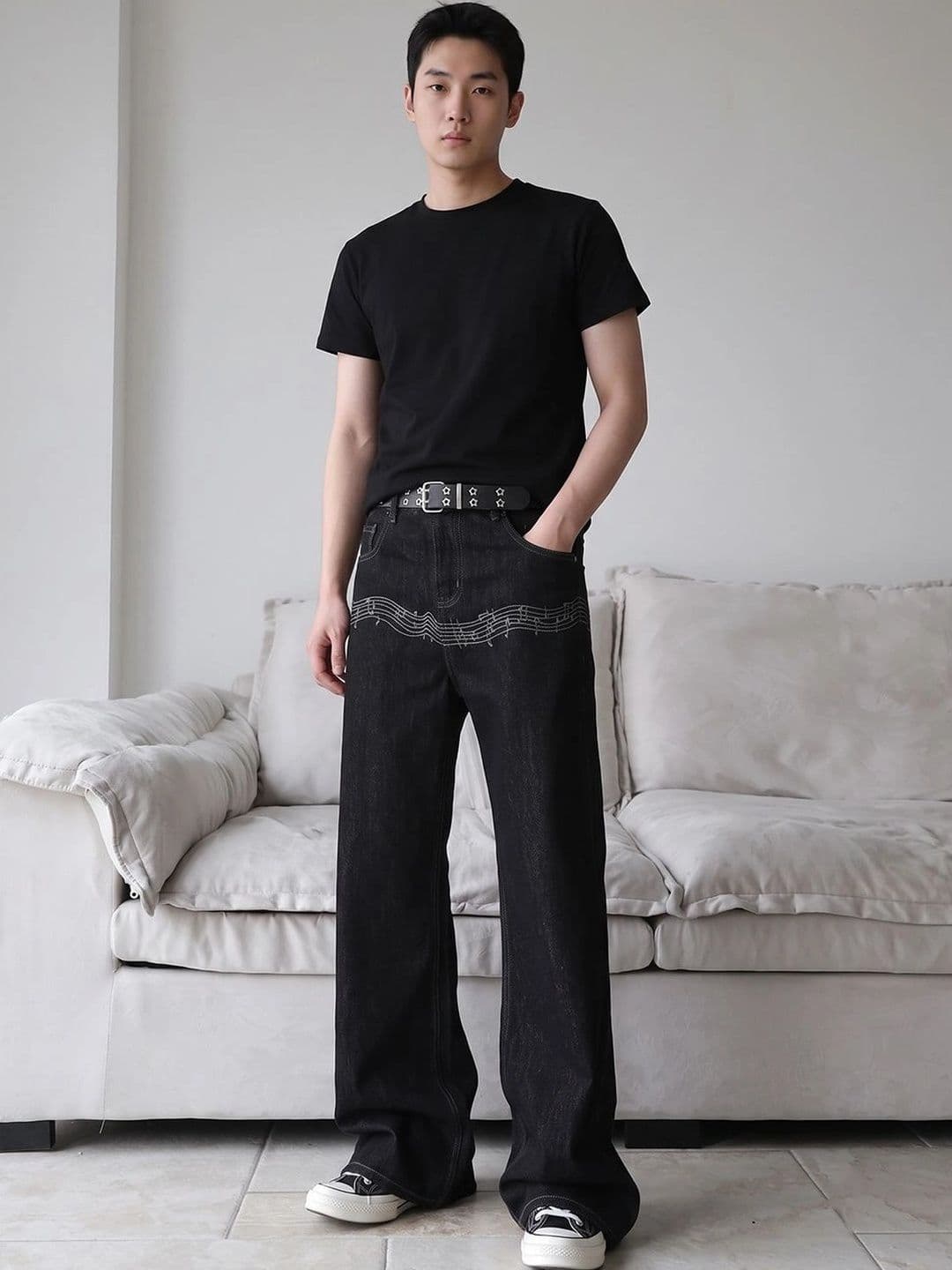 StyleCast x Revolte Men Wide Leg Mid-Rise Heavy Fade Embroidered Jeans - view 1