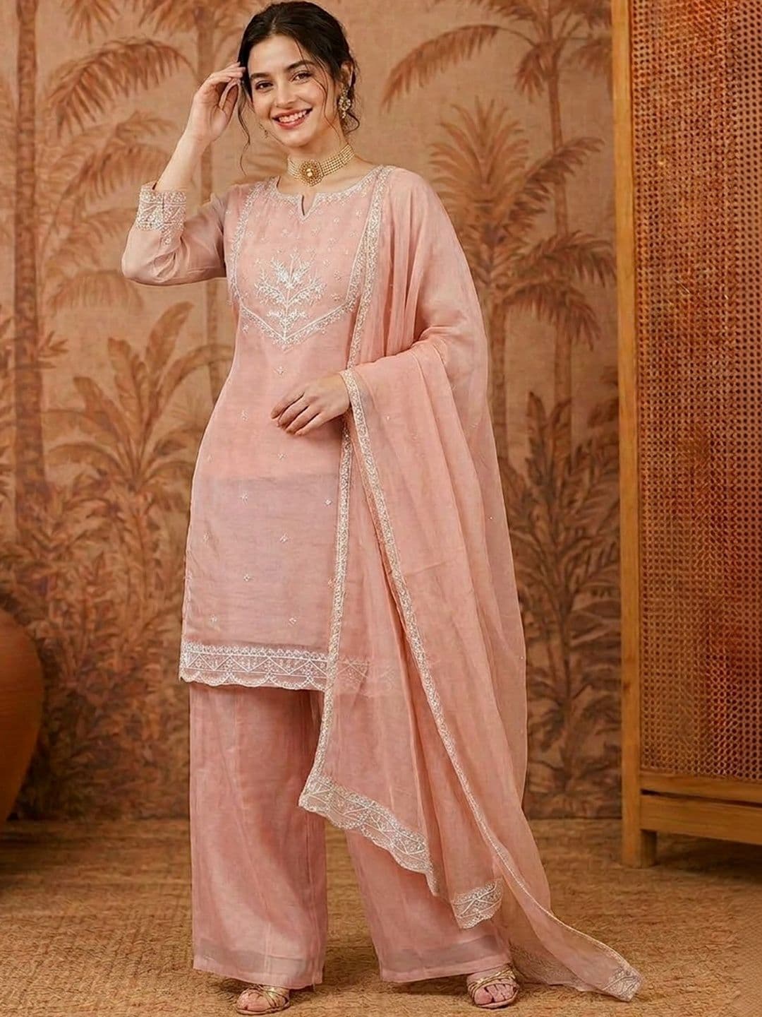 Sangria Women Ethnic Motifs Embroidered Regular Thread Work Kurta with Palazzos & With Dupatta - view 1