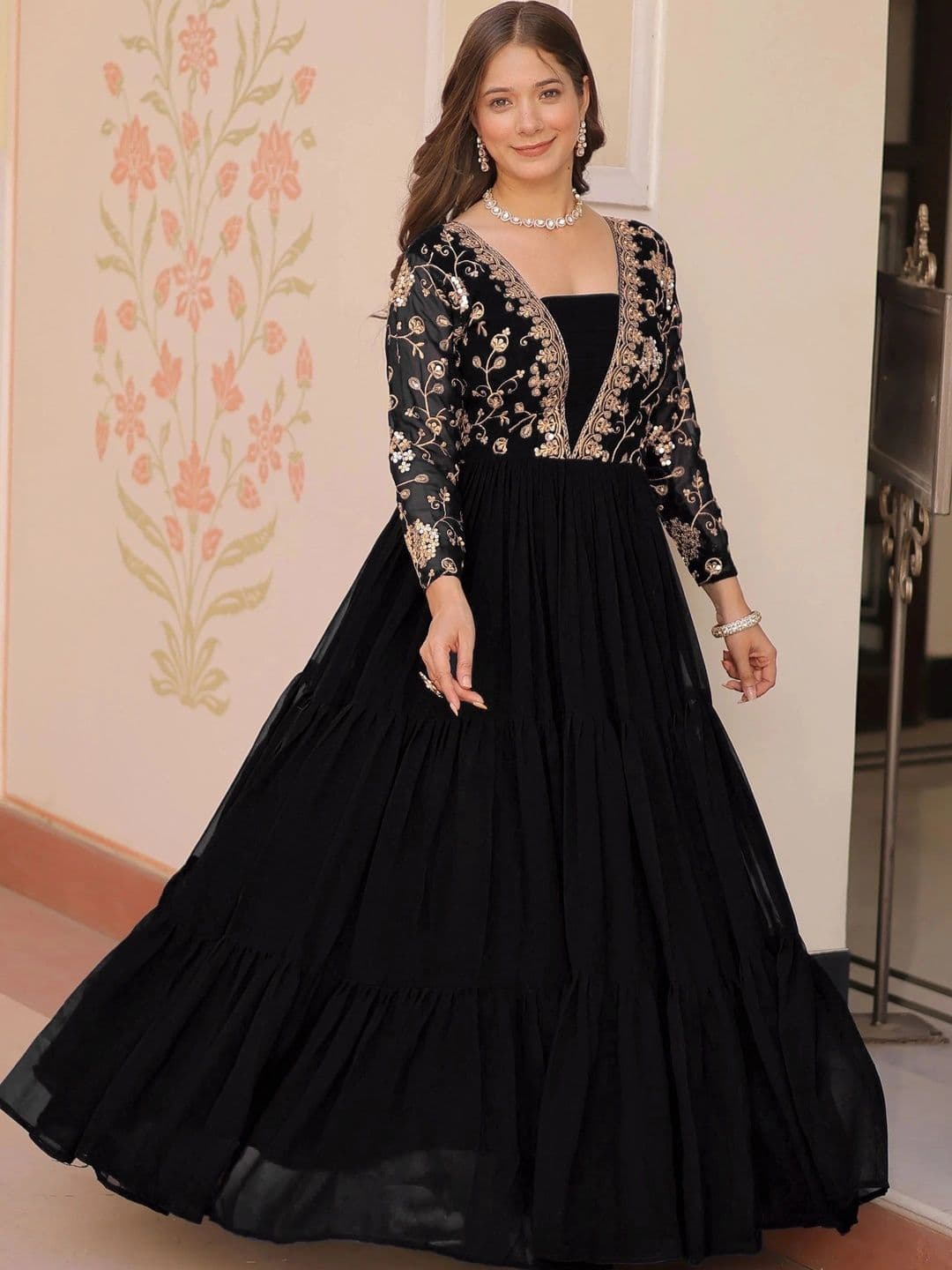 KALINI Embellished Embroidered Georgette V-Neck Maxi Ethnic Dress - view 1