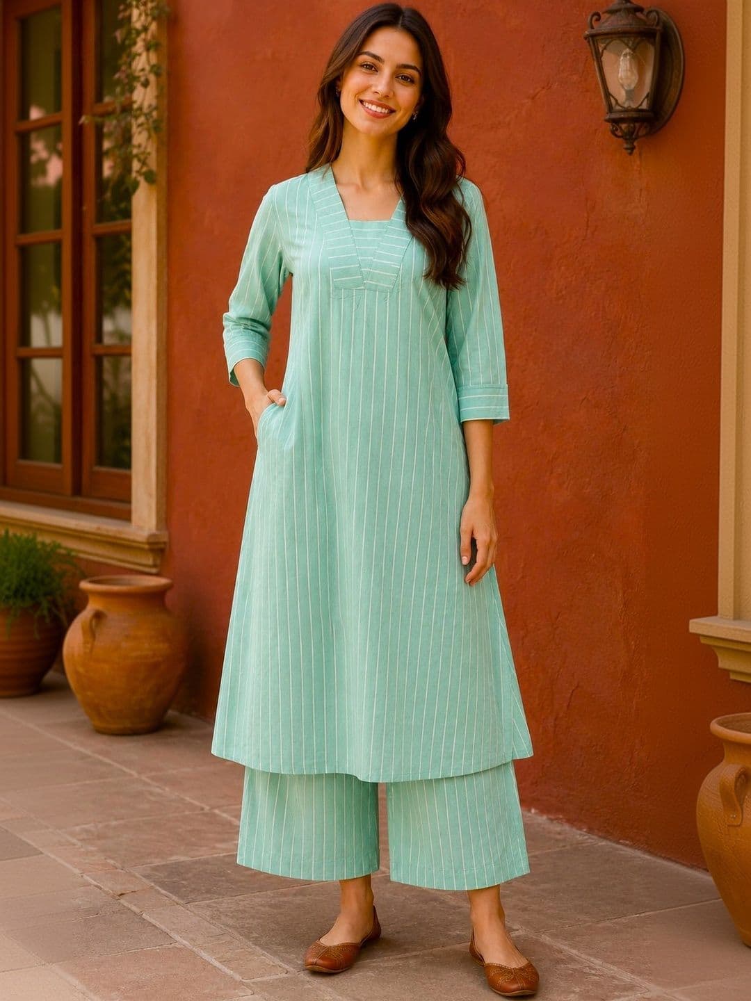DSK STUDIO Women Striped Regular Pure Cotton Kurta with Palazzos - view 1