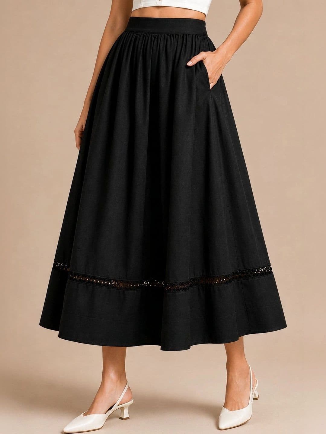 BLUE PIEGEON Women Pure Cotton Cotton Cambric Lace Frills Bows and Ruffles Midi A-Line Skirt - view 1